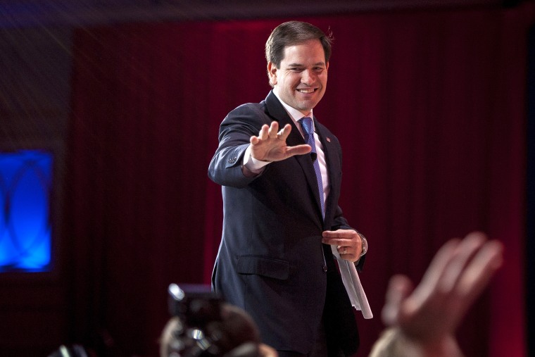 Sen. Marco Rubio (R-Fla.) leaves the stage following his speech to the American Conservative Union's 42nd Annual Conservative Political Action Conference (CPAC) at National Harbor, Md., on Feb. 27, 2015. (Photo by Pete Marovich/EPA)