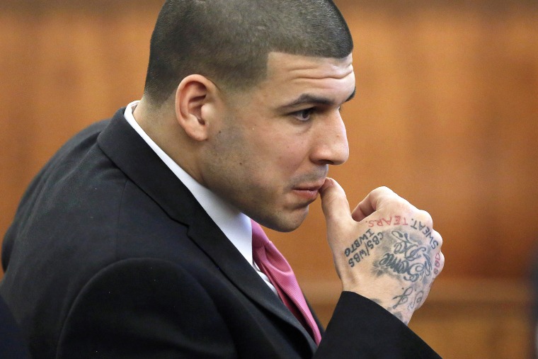 Former New England Patriots NFL football player Aaron Hernandez is seated during his murder trial, April 2, 2015, in Fall River, Mass. (Photo by Steven Senne/Pool/AP)