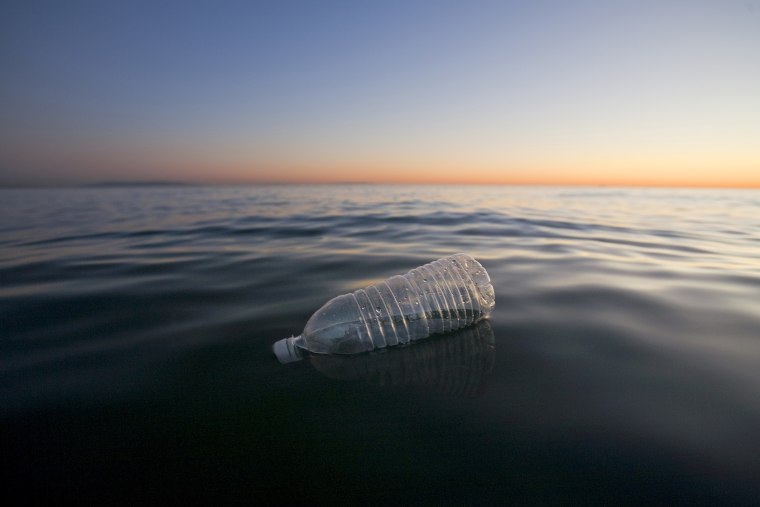 A plastic water bottle floating in the Pacific Ocean.