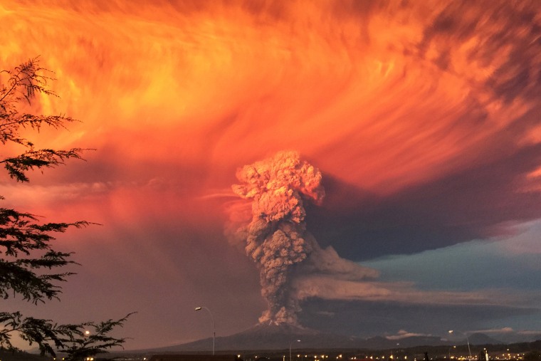 Smoke and ash rise from the Calbuco volcano as seen from the city of Puerto Montt, April 22, 2015.