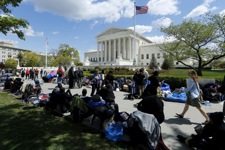 People wait in line for as many as four days to get a seat in the gallery to watch arguments in the same-sex marriage case Obergefell v. Hodges, at the U.S. Supreme Court in Washington, D.C., April 27, 2015. (Photo by Jonathan Ernst/Reuters)