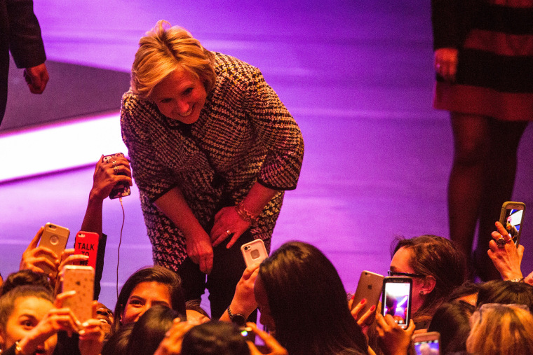 Democratic presidential hopeful and former Secretary of State Hillary Clinton poses for a photo with supporters after addressing the Women in the World Conference on April 23, 2015 in New York, N.Y. (Photo by Andrew Burton/Getty)