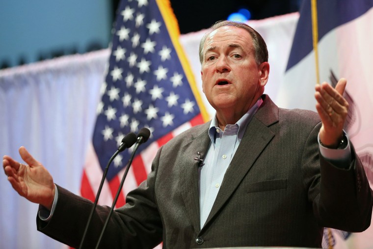 Former Arkansas Governor Mike Huckabee speaks to guests gathered at the Point of Grace Church for the Iowa Faith and Freedom Coalition 2015 Spring Kickoff on April 25, 2015 in Waukee, Iowa. (Photo by Scott Olson/Getty)