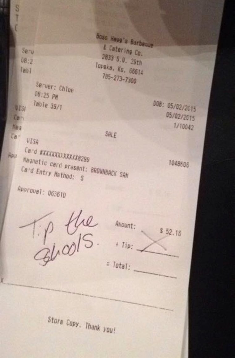 A photo posted on social media regarding a note on a receipt given to Kansas Governor Sam Brownback.