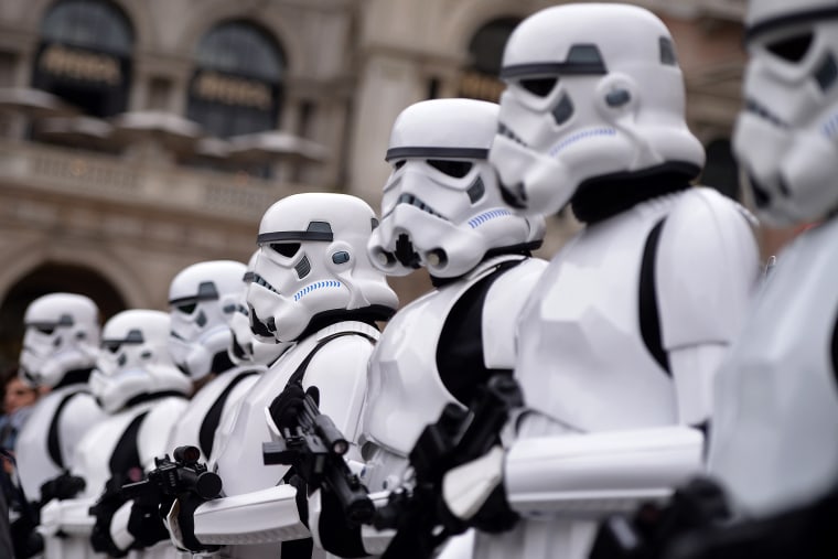 Cosplayers dressed as \"Star Wars\" stormtroopers stand in front of Milan's Duomo on May 3, 2015 as part of Star Wars Day. (Photo by Filippo Monteforte/AFP/Getty)