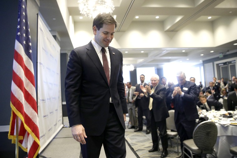 Republican presidential hopeful Sen. Marco Rubio, R-Fla., walks off the stage after speaking at an event organized on April 28, 2015, in Los Angeles.