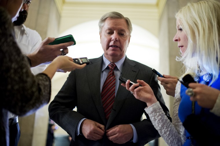 Sen. Lindsey Graham, R-S.C., talks with reporters, Jan. 28, 2014, in Washington.