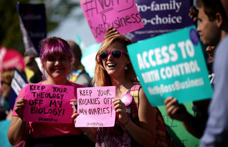 Supporters of employer-paid birth control rally in front of the Supreme Court before the decision in Burwell v. Hobby Lobby Stores was announced June 30, 2014 in Washington, DC. (Photo by Chip Somodevilla/Getty)