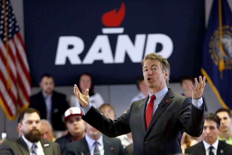Republican presidential candidate, Sen. Rand Paul, R-Ky. speaks during a town hall meeting at the Loins Club hall with area residents, on May 11, 2015, in Londonderry, N.H. (Photo by Jim Cole/AP)