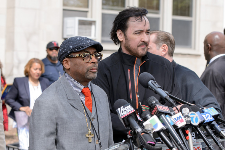 Spike Lee and John Cusack attend a press conference to discuss the upcoming film 'Chiraq' at St. Sabina Church on May 14, 2015 in Chicago, Ill. (Photo by Daniel Boczarski/Getty)