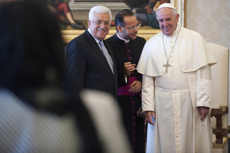 Pope Francis meets Palestinian President Mahmoud Abbas during an audience at the Apostolic Palace on May 16, 2015 in Vatican City, Vatican. (Photo by Vatican Pool/Getty)