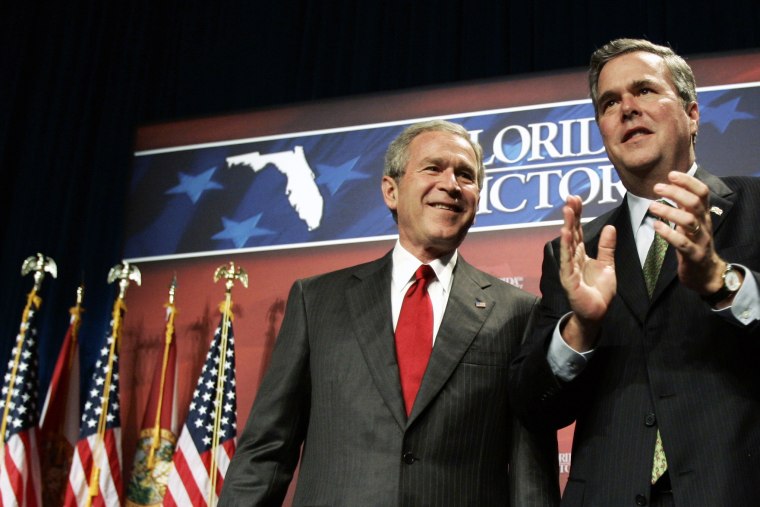 U.S. President George W. Bush (L) is introduced by his brother, Florida Governor Jeb Bush, at a fundraiser in Orlando, Fla., on Feb. 17, 2006. (Photo by Jason Reed/Reuters)
