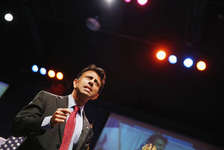 Louisiana Governor Bobby Jindal speaks to guests gathered at the Point of Grace Church for the Iowa Faith and Freedom Coalition 2015 Spring Kickoff on April 25, 2015 in Waukee, Iowa. (Photo by Scott Olson/Getty)