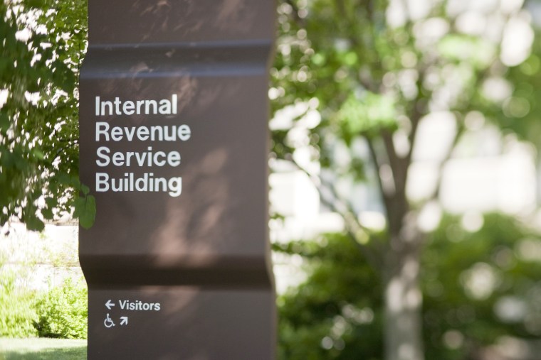 A sign identifies the Internal Revenue Service (IRS) building in Washington, D.C. on May 7, 2010. (Photo by Andrew Harrer/Bloomberg/Getty)