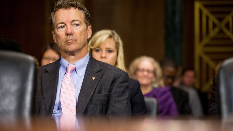 Republican Presidential candidate Sen. Rand Paul sits in the audience prior to testifying on Capitol Hill in Washington D.C. on April 15, 2015. (Photo by Andrew Harnik/AP)