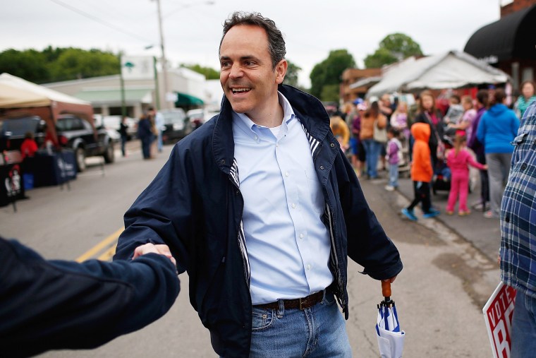 Kentucky Republican senatorial candidate Matt Bevin greets voters at the Fountain Run BBQ Festival on May 17, 2014 in Fountain Run, Ky. (Photo by Win McNamee/Getty)