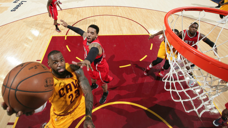 LeBron James #23 of the Cleveland Cavaliers shoots against the Atlanta Hawks in Game Four of the Eastern Conference Finals during the 2015 NBA Playoffs on May 26, 2015 at Quicken Loans Arena in Cleveland. (Photo by Nathaniel S. Butler/NBAE/Getty)