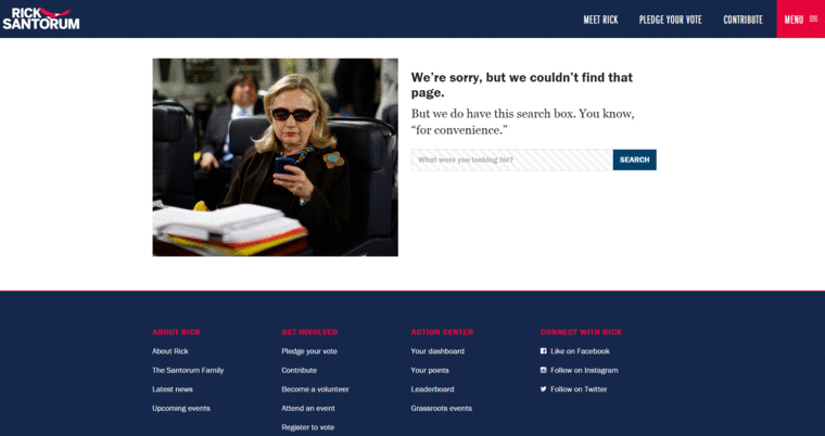Screenshot taken on Jun. 1, 2015 at 9am ET of former Pennsylvania Senator Rick Santorum’s 2016 presidential campaign 404 error webpage.