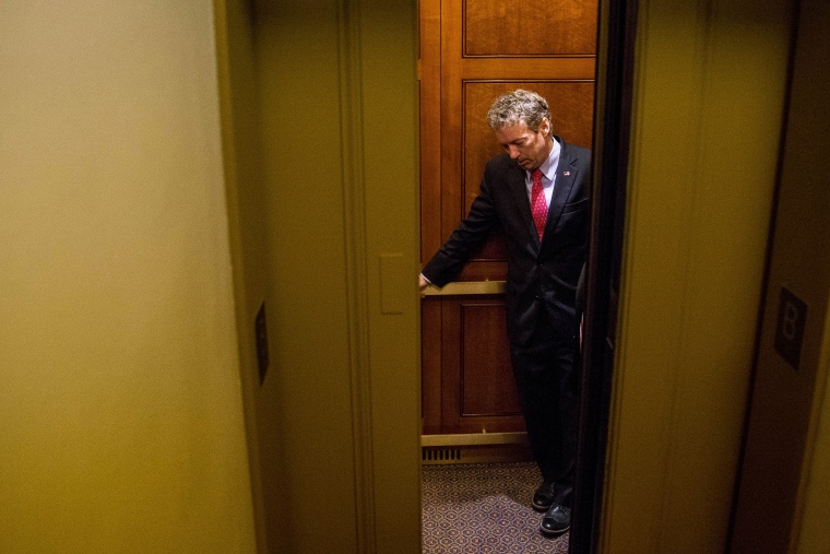 Republican presidential candidate, Sen. Rand Paul, in an elevator after speaking at a news conference on Capitol Hill in Washington, June 2, 2015, calling for the 28 classified pages of the 9-11 report to be declassified. (Photo by Andrew Harnik/AP)