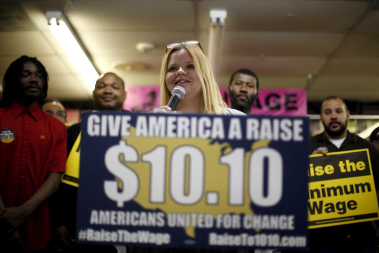 Amy Jennewein speaks during a rally to raise the minimum wage in University City, Mo. (Photo by Jeff Roberson/AP)