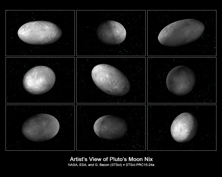 This set of artist's illustrations of Pluto's moon Nix shows how the orientation of the moon changes unpredictably as it orbits the \"double planet\" Pluto-Charon.
