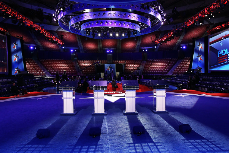 Podiums for this evening's debate between the then four remaining Republican presidential candidates stand ready at the North Charleston Coliseum on January 19, 2012 in Charleston, S.C. (Photo by Win McNamee/Getty)