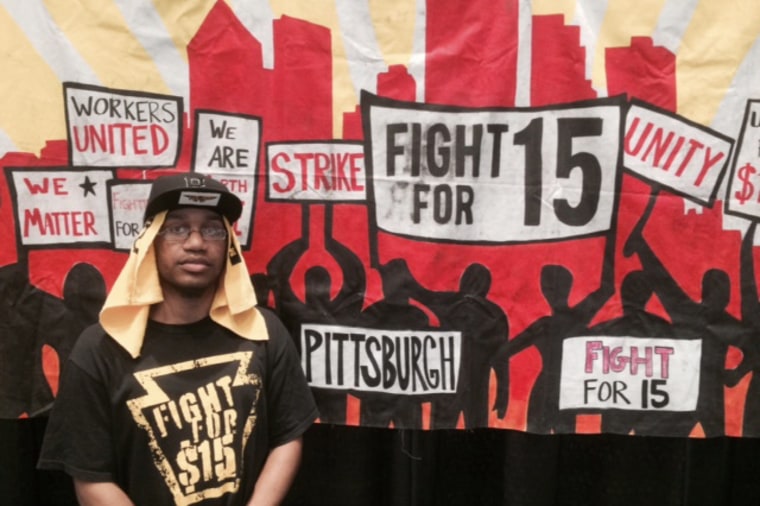 Chris Ellis, a McDonald’s worker from Pittsburgh, is seen at a convention of low-wage workers at Cobo Center in Detroit, Mich, on June 7, 2015. After a recent 10-cent raise, he makes $7.70 an hour.