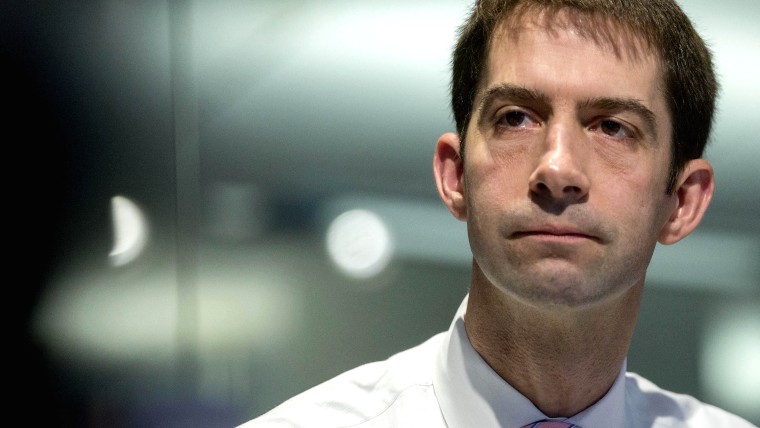 Senator Thomas \"Tom\" Cotton, a Republican from Arkansas, listens during an interview in Washington, D.C., U.S., March 17, 2015. (Photo by Andrew Harrer/Bloomberg/Getty)