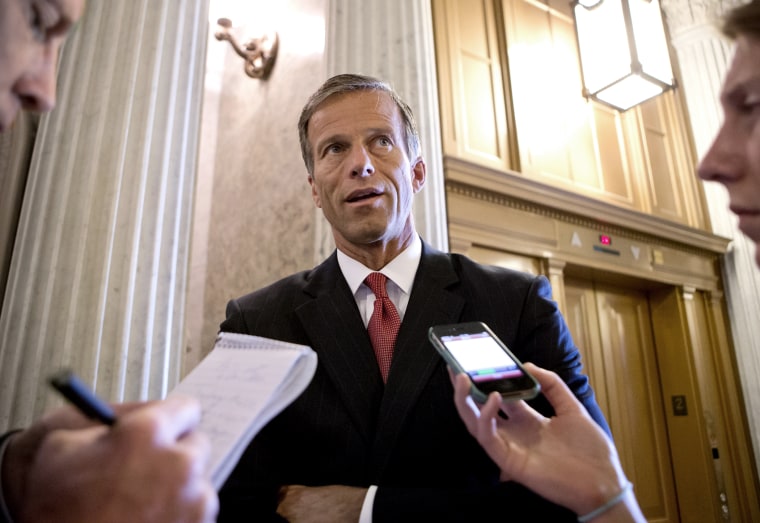 Sen. John Thune, R-S.D., chair of the Senate Republican Caucus, speaks with reporters at the Capitol in Washington, Wednesday, July 24, 2013. (Photo by J. Scott Applewhite/AP)