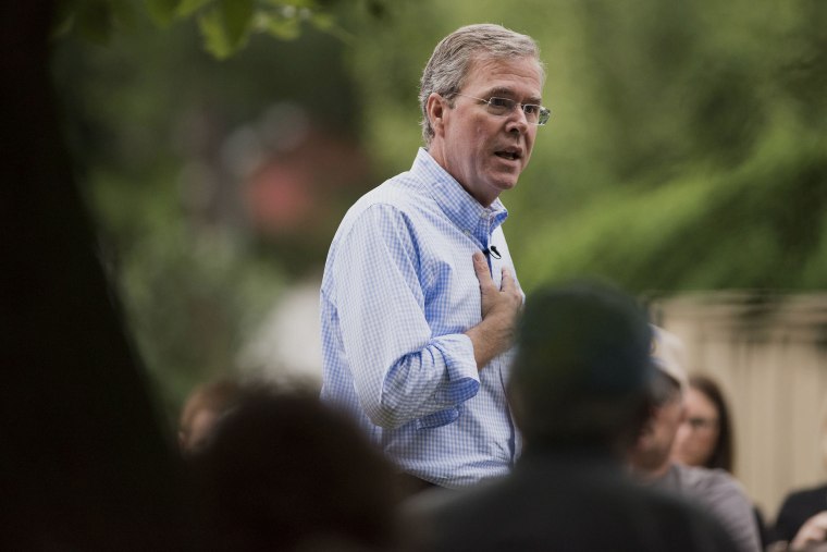 Jeb Bush, Republican 2016 U.S. presidential candidate, speaks during a campaign stop outside a residence in Washington, Ia., June 17, 2015. (Photo by Daniel Acker/Bloomberg/Getty)