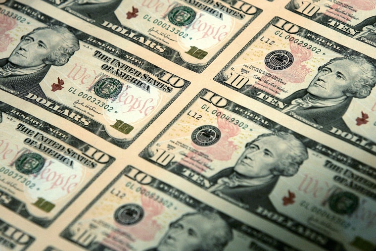 An uncut sheet of the $10 bill is seen. (Photo by Alex Wong/Getty)