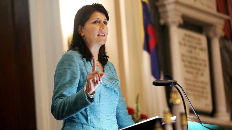 Governor Nikki Haley addresses a full church during a prayer vigil held at Morris Brown AME Church, South Carolina, June 18, 2015. (Photo by Grace Beahm/Pool/Reuters)