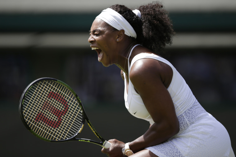 Serena Williams of the United States celebrates a point during the women's singles first round match against Margarita Gasparyan of Russia at the All England Lawn Tennis Championships in Wimbledon, London, June 29, 2015.
