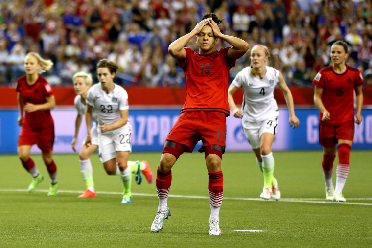 Celia Sasic #13 of Germany reacts after missing a penalty kick against the United States in the second half in the FIFA Women's World Cup 2015 Semi-Final Match at Olympic Stadium on June 30, 2015 in Montreal, Canada. (Photo by Elsa/Getty)