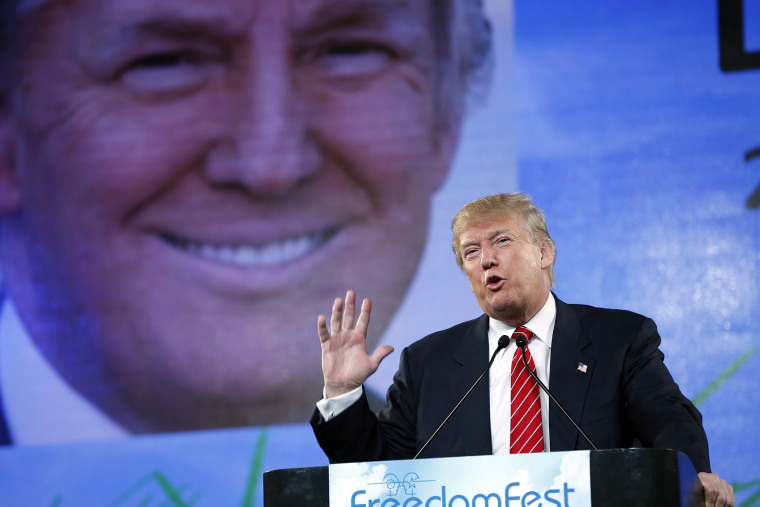 Republican presidential candidate Donald Trump speaks at FreedomFest on July 11, 2015, in Las Vegas, Nev. (Photo by John Locher/AP)