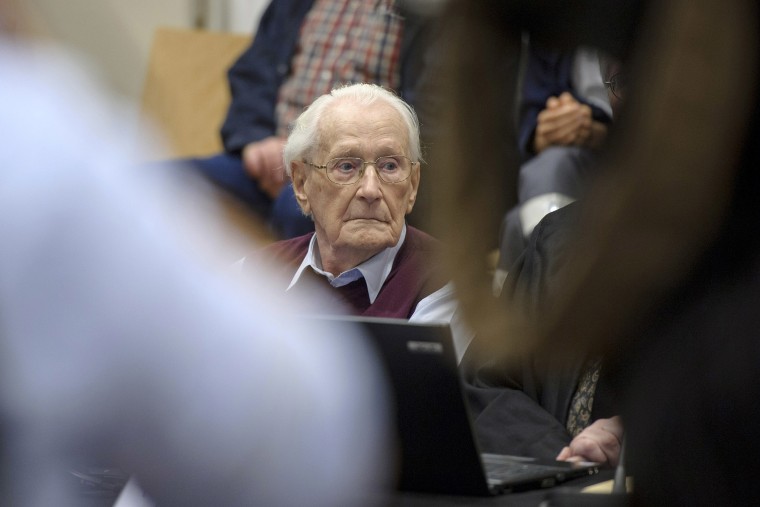 Oskar Groening, 94, a former member of the Waffen-SS who worked at the Auschwitz concentration camp during World War II, awaits the verdict in his trial on July 15, 2015 in Lueneburg, Germany. (Photo by Hans-Jurgen Wege/Pool/Getty)
