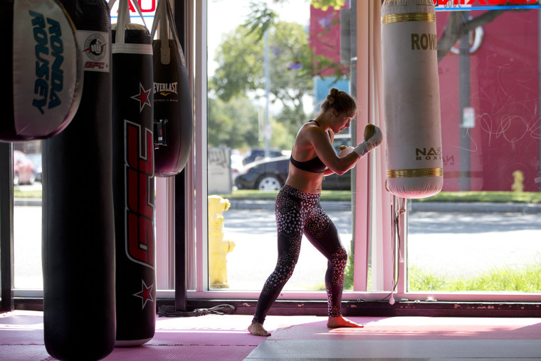 Mixed martial arts fighter Ronda Rousey trains at Glendale Fighting Club, July 15, 2015, in Glendale, Calif. (Photo by Jae C. Hong/AP)