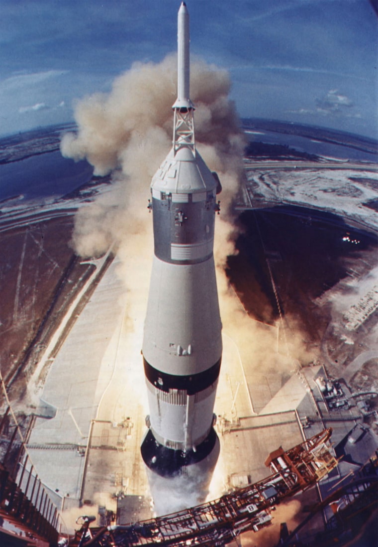 The Apollo 11 Saturn V space vehicle lifts off July 16, 1969 from Kennedy Space Center's Launch Complex in Florida.