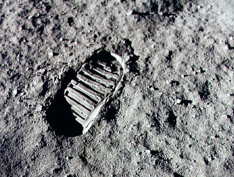 An Apollo 11 astronaut's footprint in the lunar soil, photographed by a 70 mm lunar surface camera during the Apollo 11 lunar surface extravehicular activity.