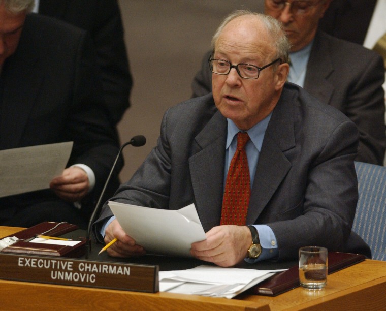 Chief United Nations Weapons Inspector Hans Blix as he delivers his speech to the UN Security Council on March 7, 2003 at the United Nations in N.Y. (Photo by Stan Honda/AFP/Getty)