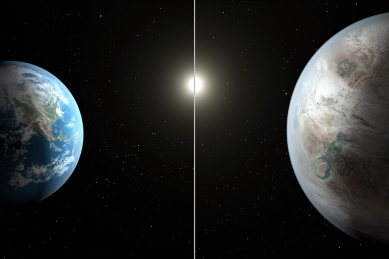 An artist's concept compares Earth (left) to the new planet, called Kepler-452b, which is about 60 percent larger in diameter.
