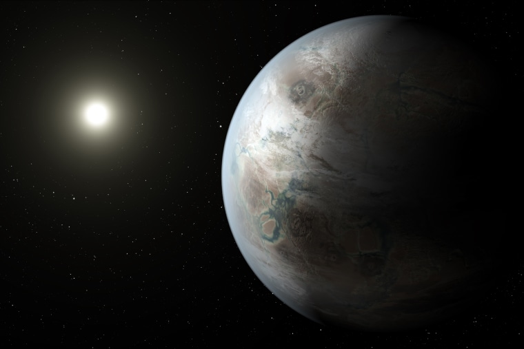 An artist's concept depicts one possible appearance of the planet Kepler-452b.