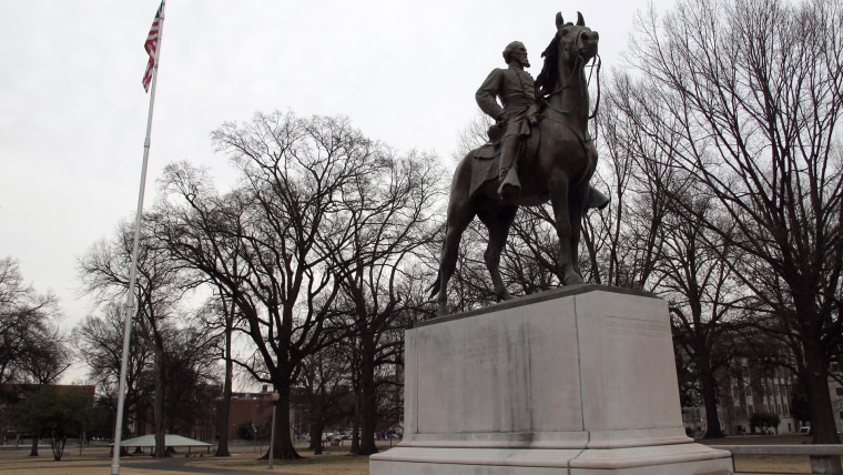 A statue of Nathan Bedford Forrest sits on a concrete pedestal at a park named after the confederate cavalryman in Memphis Tenn. (Photo by Adrian Sainz/AP).