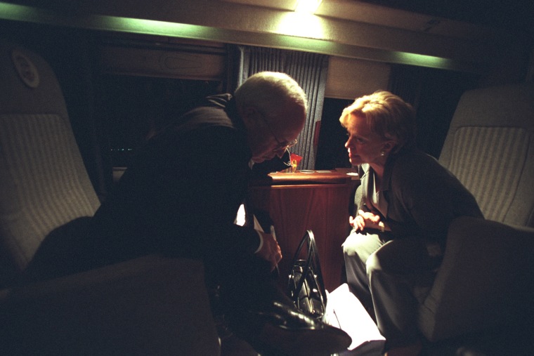 Vice President Dick Cheney talks with his wife Lynne Cheney aboard Marine Two in the hours following the attacks. (Photo by David Bohrer/National Archives)