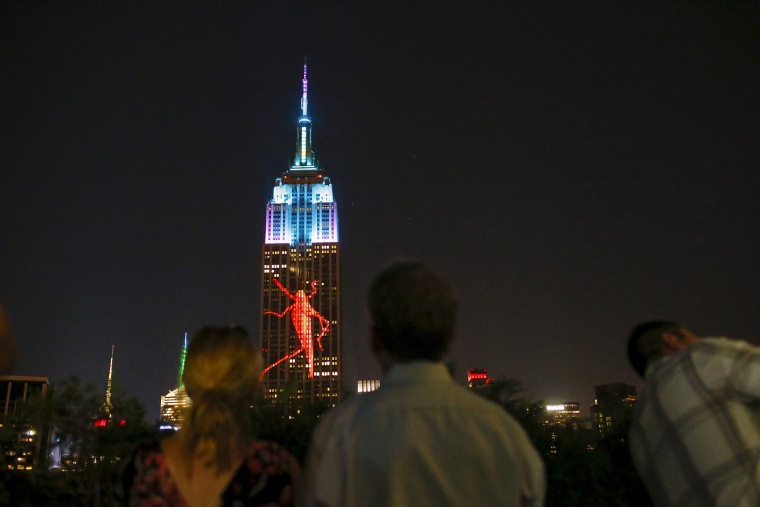 People watch as an image of an animal is projected onto the Empire State Building as part of an endangered species projection to raise awareness, in New York, Aug. 1, 2015. (Photo by Eduardo Munoz/Reuters)
