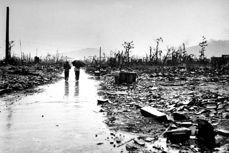 A flattened neighborhood reduced to complete rubble by the atomic bomb blast is seen in Hiroshima. (Photo by Bernard Hoffman/The LIFE Picture Collection/Getty)