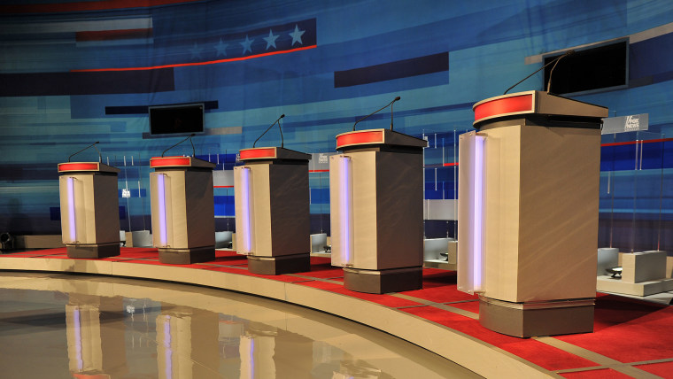 Podiums stand empty prior to the start of a South Carolina Republican presidential debate in Myrtle Beach, S.C. on Jan. 16, 2012 (