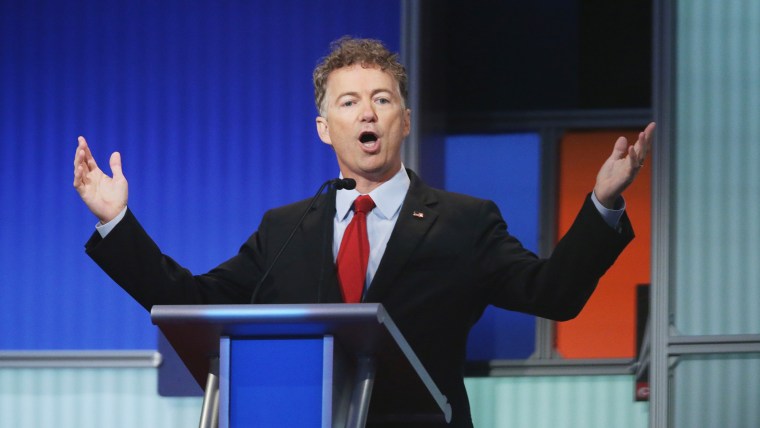 Republican presidential candidate Sen. Rand Paul fields a question during the first Republican presidential debate hosted by Fox News and Facebook at the Quicken Loans Arena on Aug. 6, 2015 in Cleveland, Ohio. (Photo by Scott Olson/Getty)
