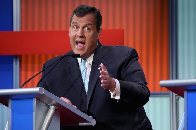 Republican presidential candidate New Jersey Gov. Chris Christie participates in the first prime-time presidential debate hosted by FOX News and Facebook at the Quicken Loans Arena, Aug. 6, 2015 in Cleveland, Ohio. (Photo by Chip Somodevilla/Getty)