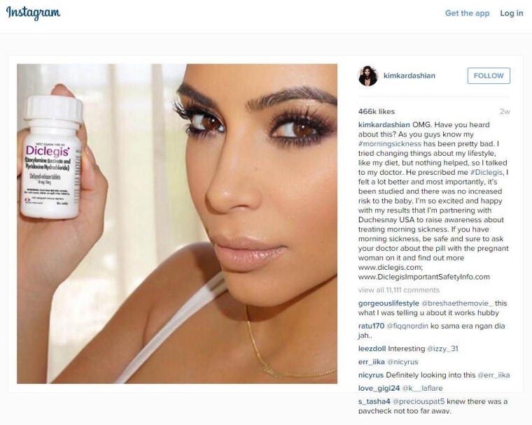 Kim Kardashian's recalled Instagram post advertising morning sickness drug Diclegis. (Photo courtesy of NBC News/CNBC)